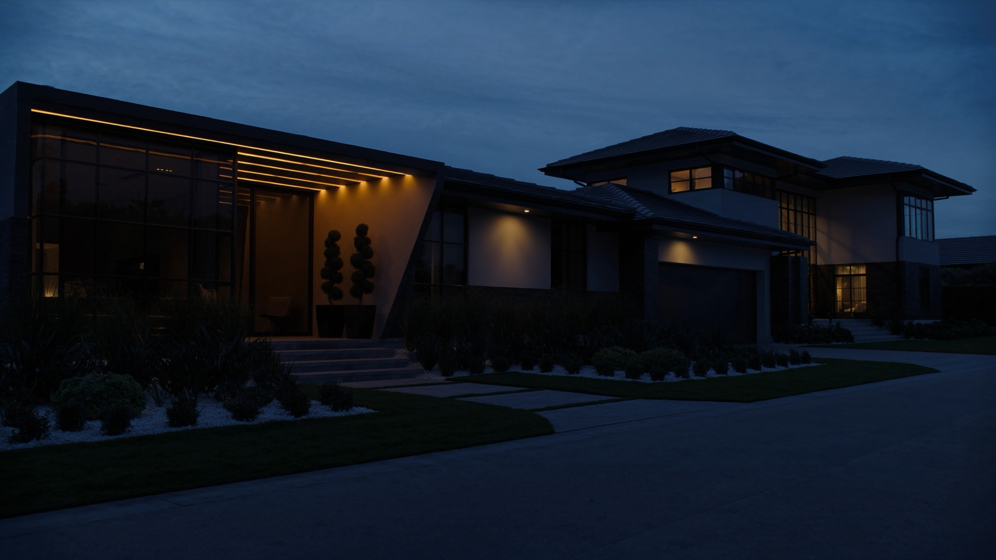 Completed contemporary Florida residence at dusk