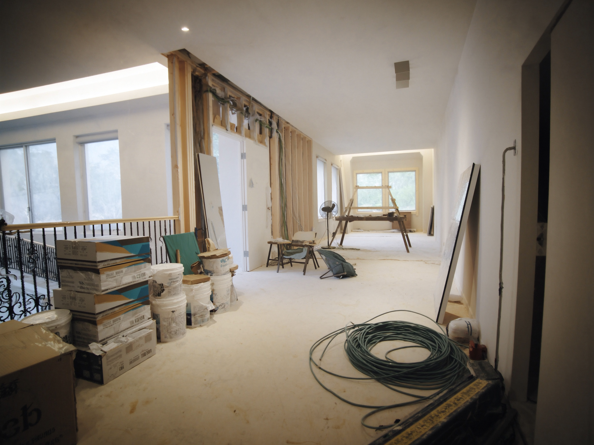 Organized high-end home renovation in progress with no workers present